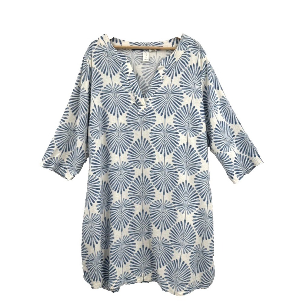 Joie Dress Linen Blend Blue White Print Shift Dress 3/4 Sleeve Women's 1X